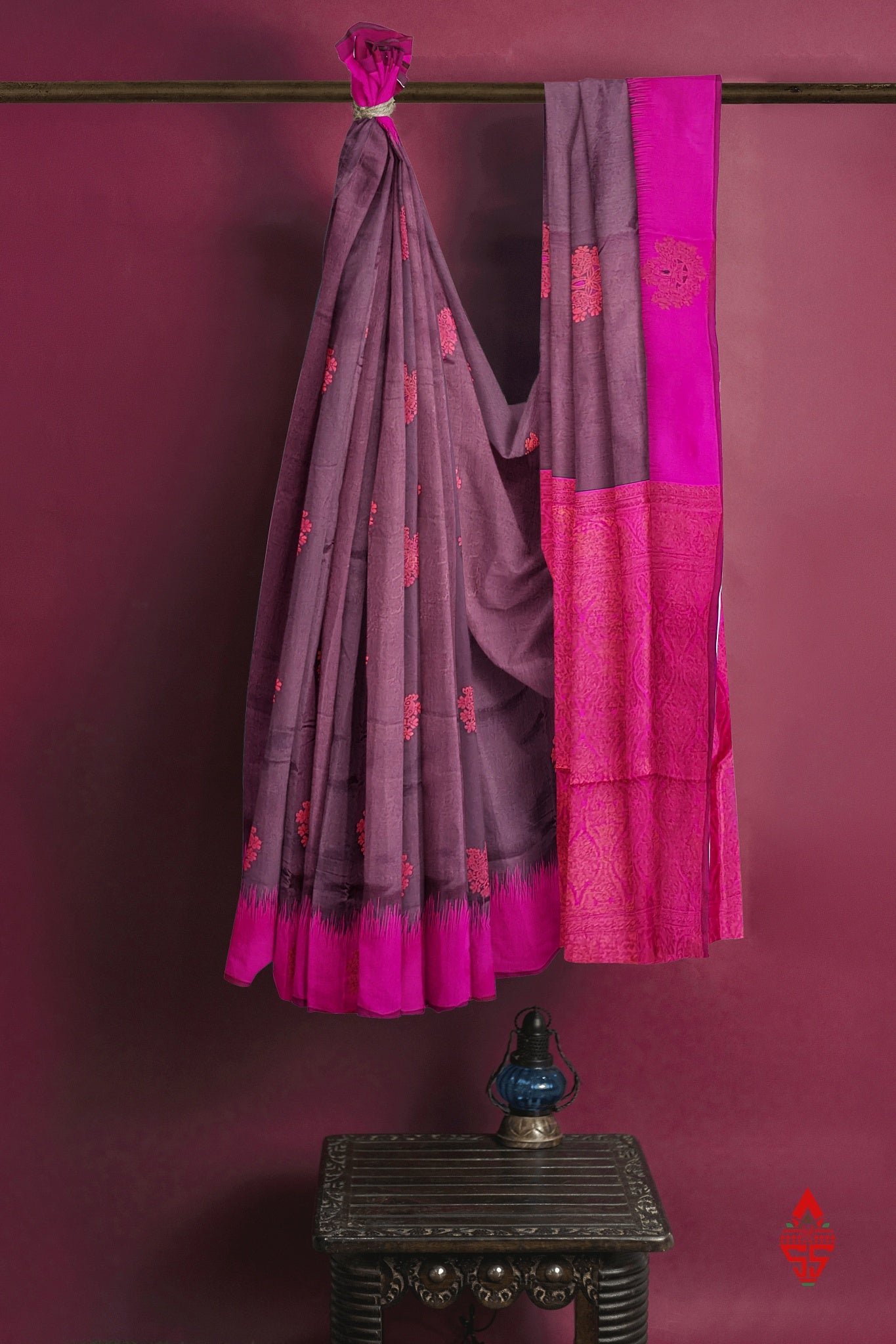 Chocolate Semi Silk Saree With Pink Border