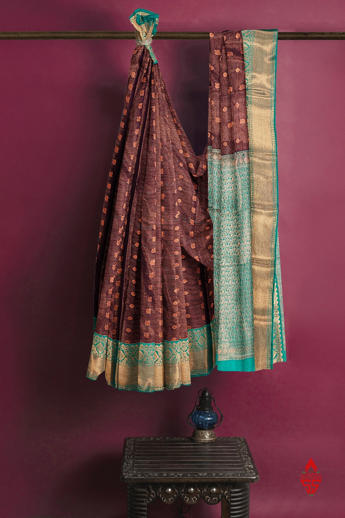 Brown Vairaoosi  Semi Silk Saree With Sapphire Green Border