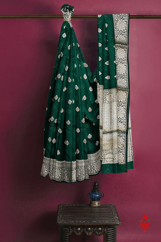 Bottle Green Beautiful Fancy Saree With Fancy Silver Zari Border