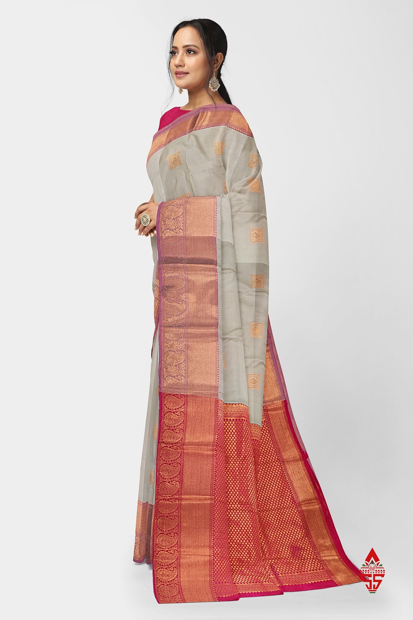 Cream Beautiful Semi Silk Saree With Red Blouse