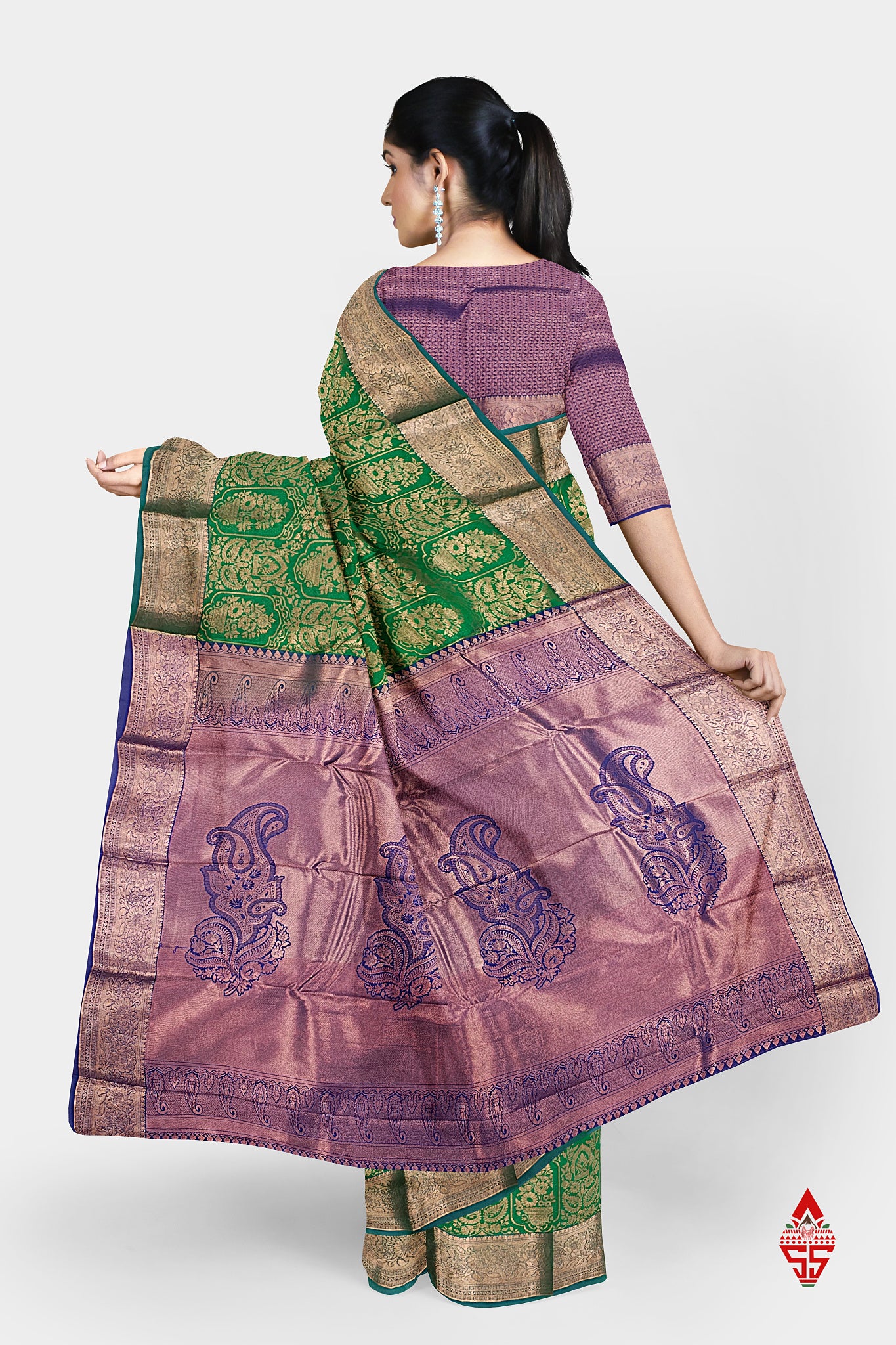 Green Grand Semi Silk Saree With Royal Blue Designer Blouse