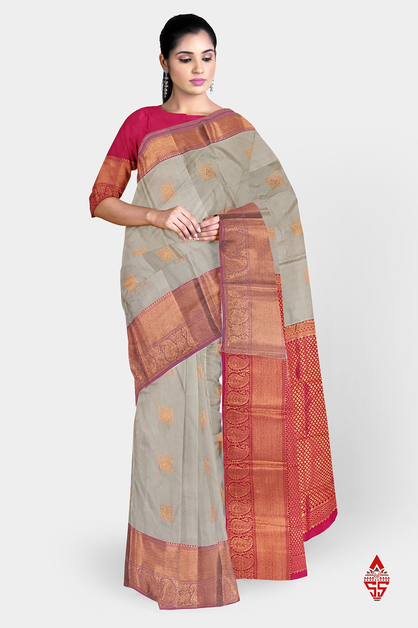 Cream Beautiful Semi Silk Saree With Red Blouse