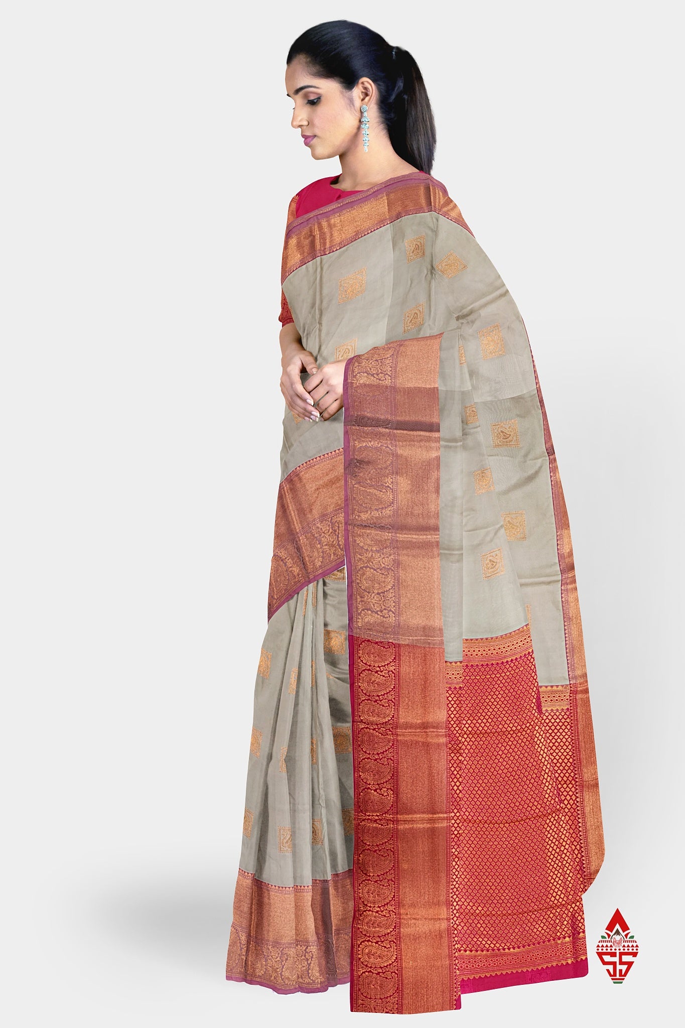 Cream Beautiful Semi Silk Saree With Red Blouse