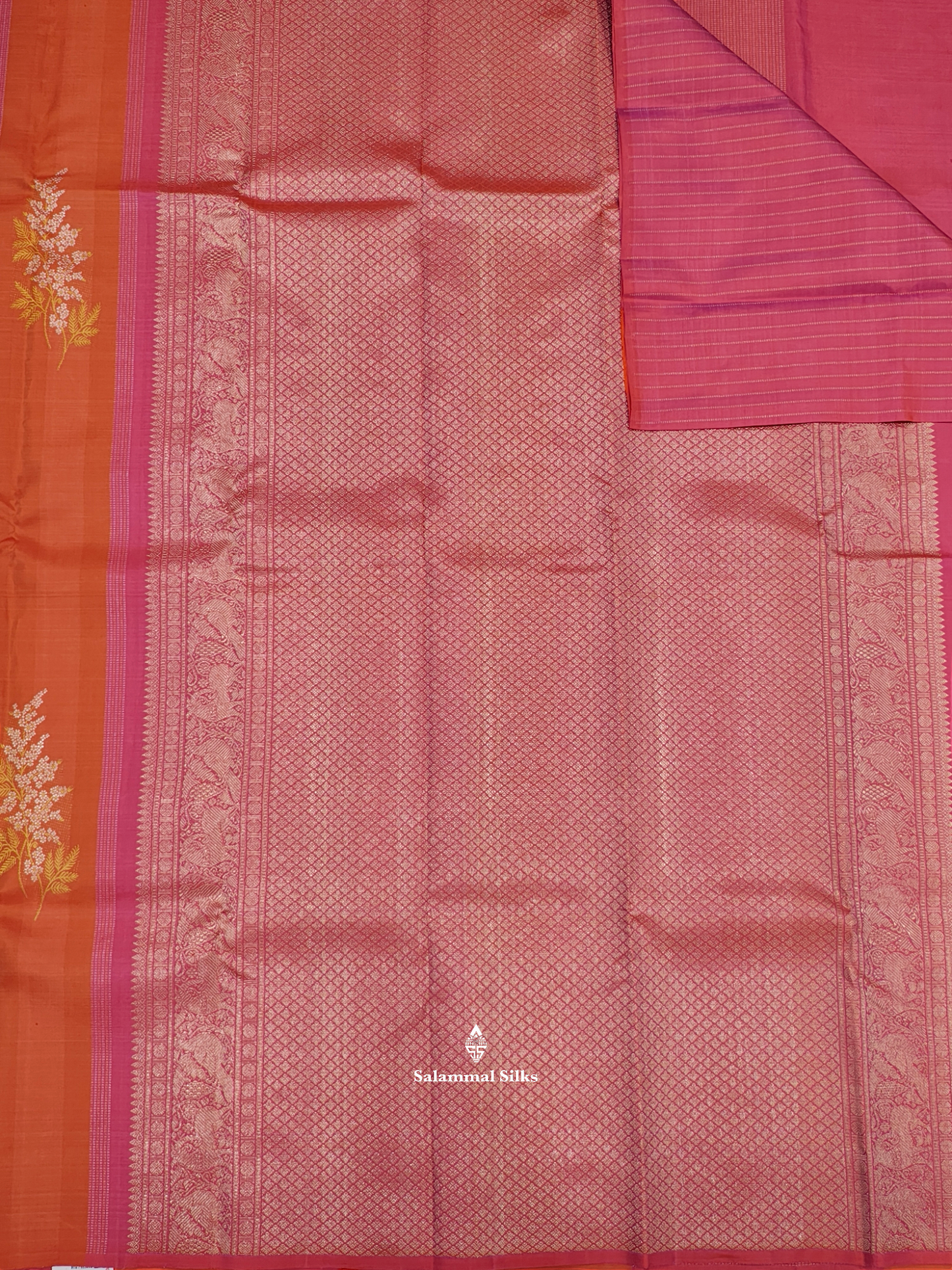 Kanjivaram Pinkish Orange Zari Stripes Fancy Pure Silk Saree With Blouse