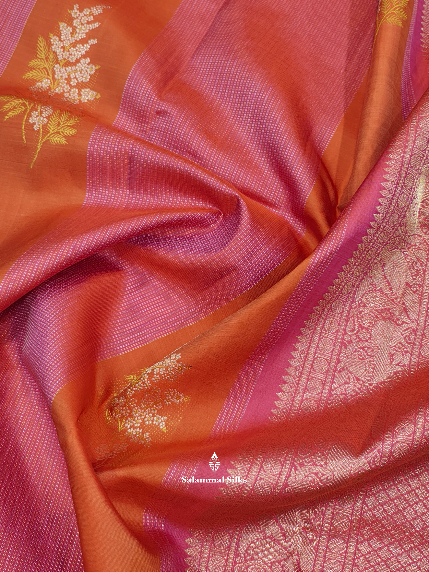 Kanjivaram Pinkish Orange Zari Stripes Fancy Pure Silk Saree With Blouse