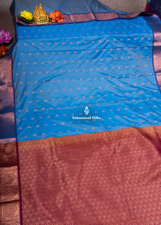 Blue Semi Silk Saree With Copper Zari Medium Border