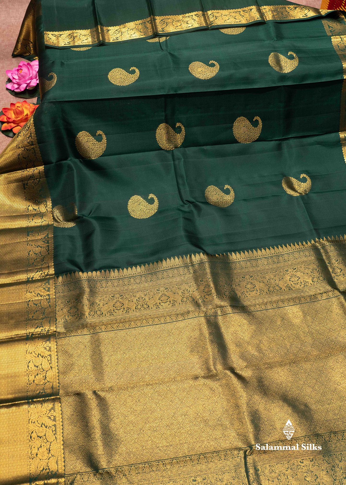 Bottle Green Colour Pure Kanjivaram Silk Saree With Gold Zari Border