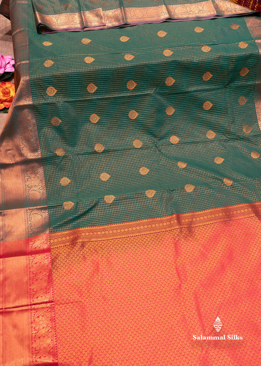 Bottle Green Colour Small Checks Semi Silk Saree With Copper Zari Border