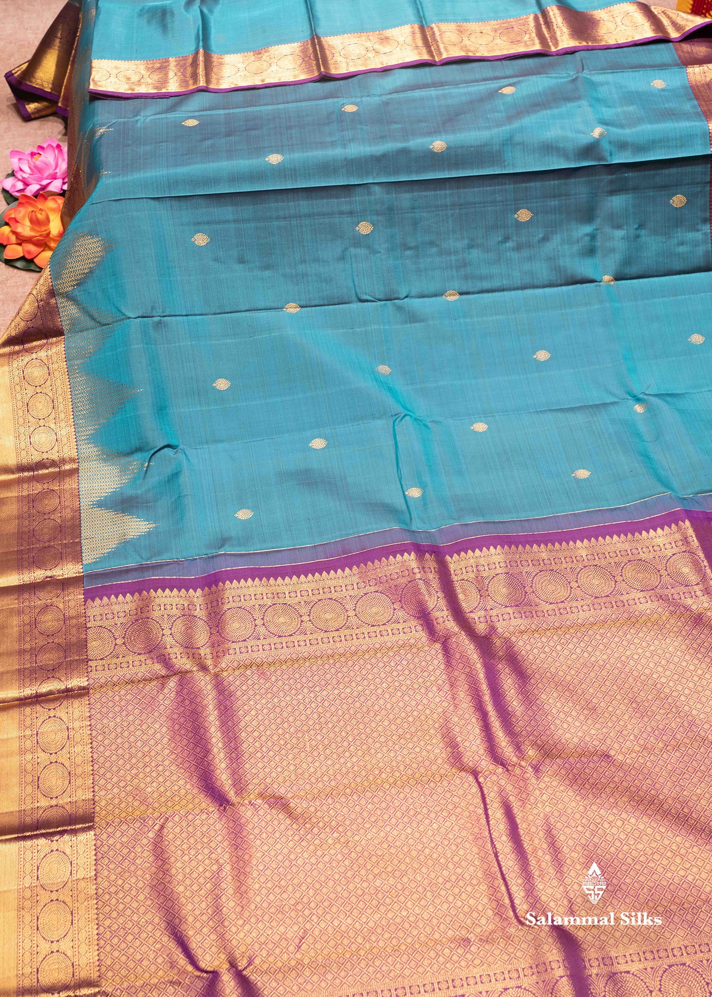 Rama Blue Colour Pure Kanjivaram Silk Saree With Violet Border