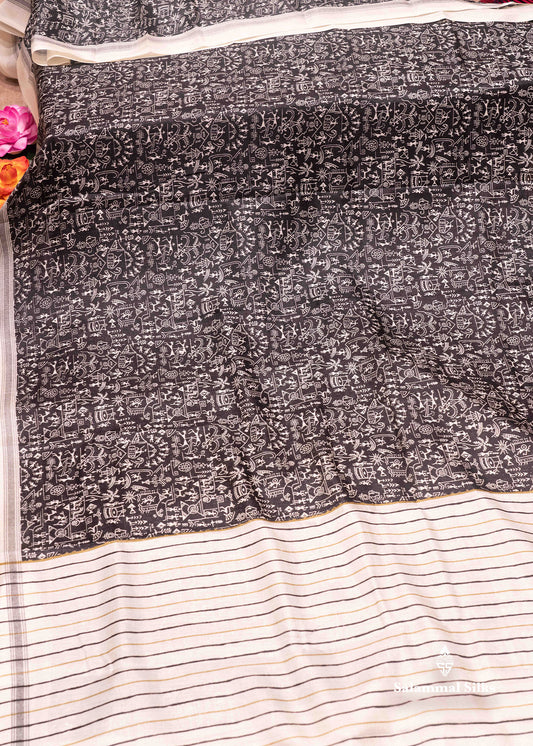 Black Colour Fancy Semi Tussar Saree With Cream Border
