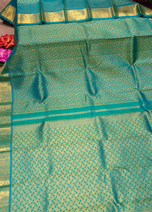 Sapphire Green Colour Kanjivaram Pure Silk Saree with Menna Work