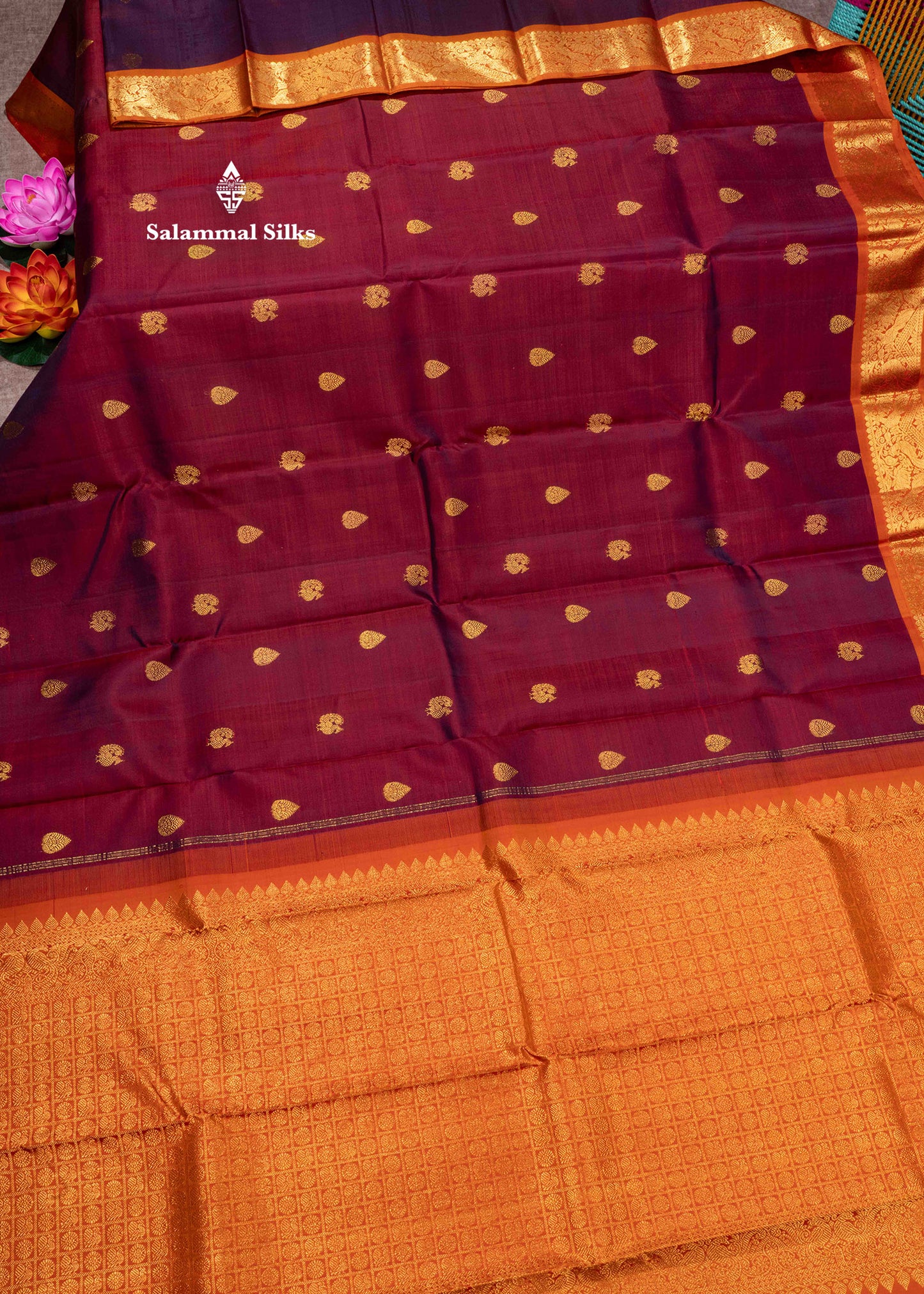 Kanjivaram Dark Maroon Pure Silk Saree With Orange Shade Blouse