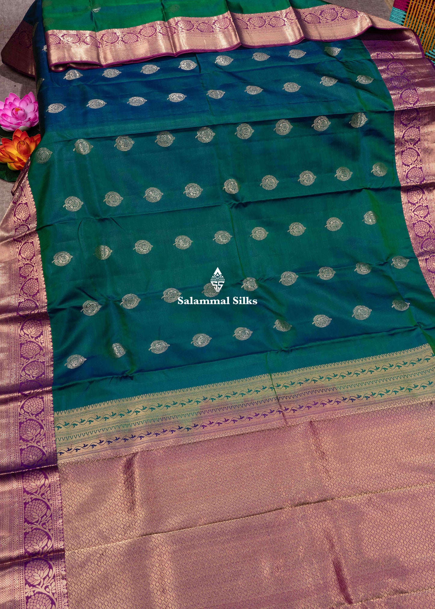Kanjivaram Peacock Green Pure Silk Saree With Violet Colour Blouse