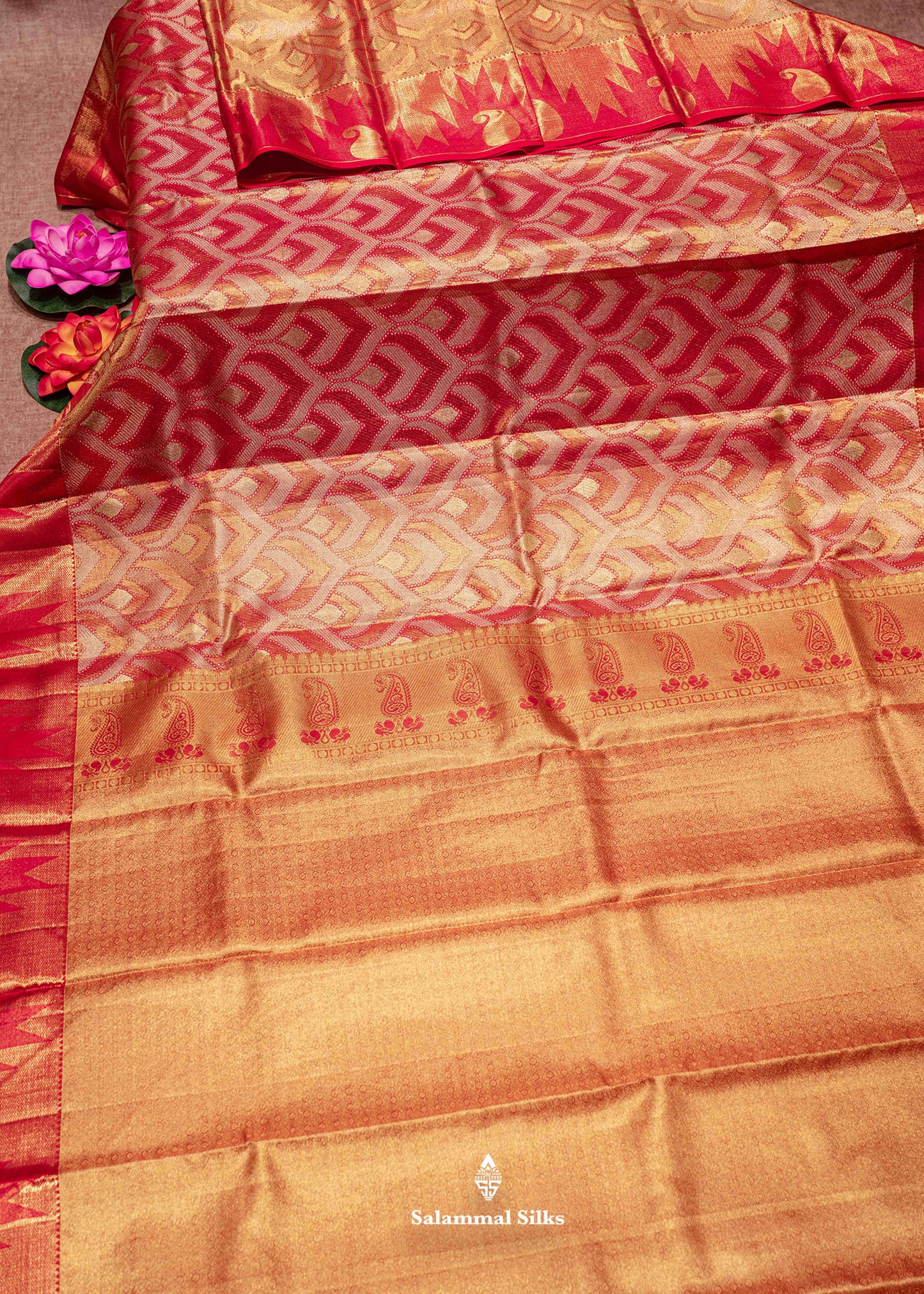 Orange Colour Kanjivaram Pure Tissue Silk Saree with Red Gold Zari Border