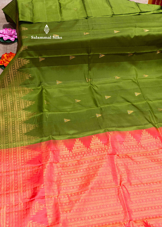 Army Green Pure Kanjivaram Soft Silk Saree With Traditional Gold Zari Border