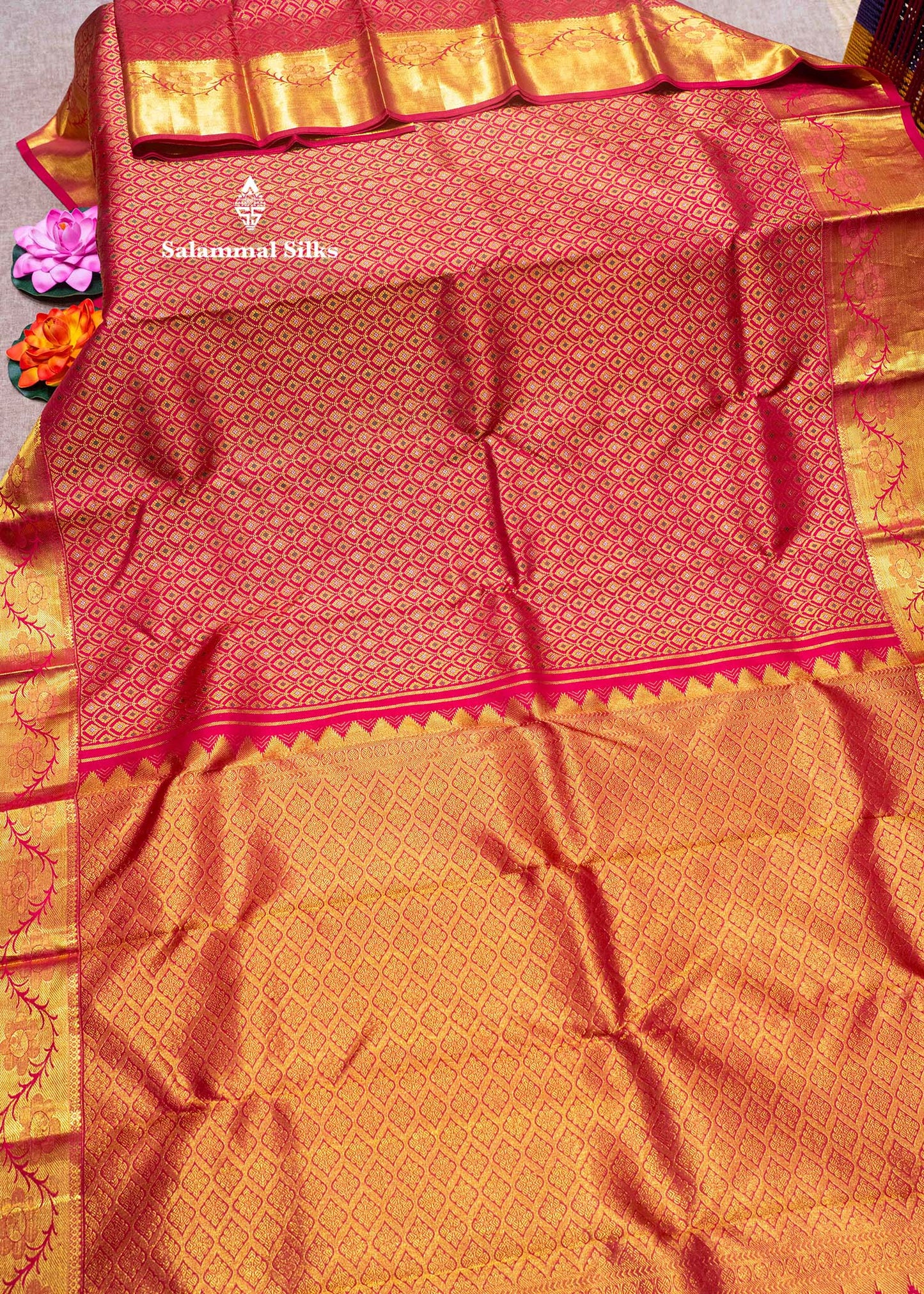 Magenta Pink Colour Pure Kanjivaram Meena Work Silk Saree With Gold Zari Border
