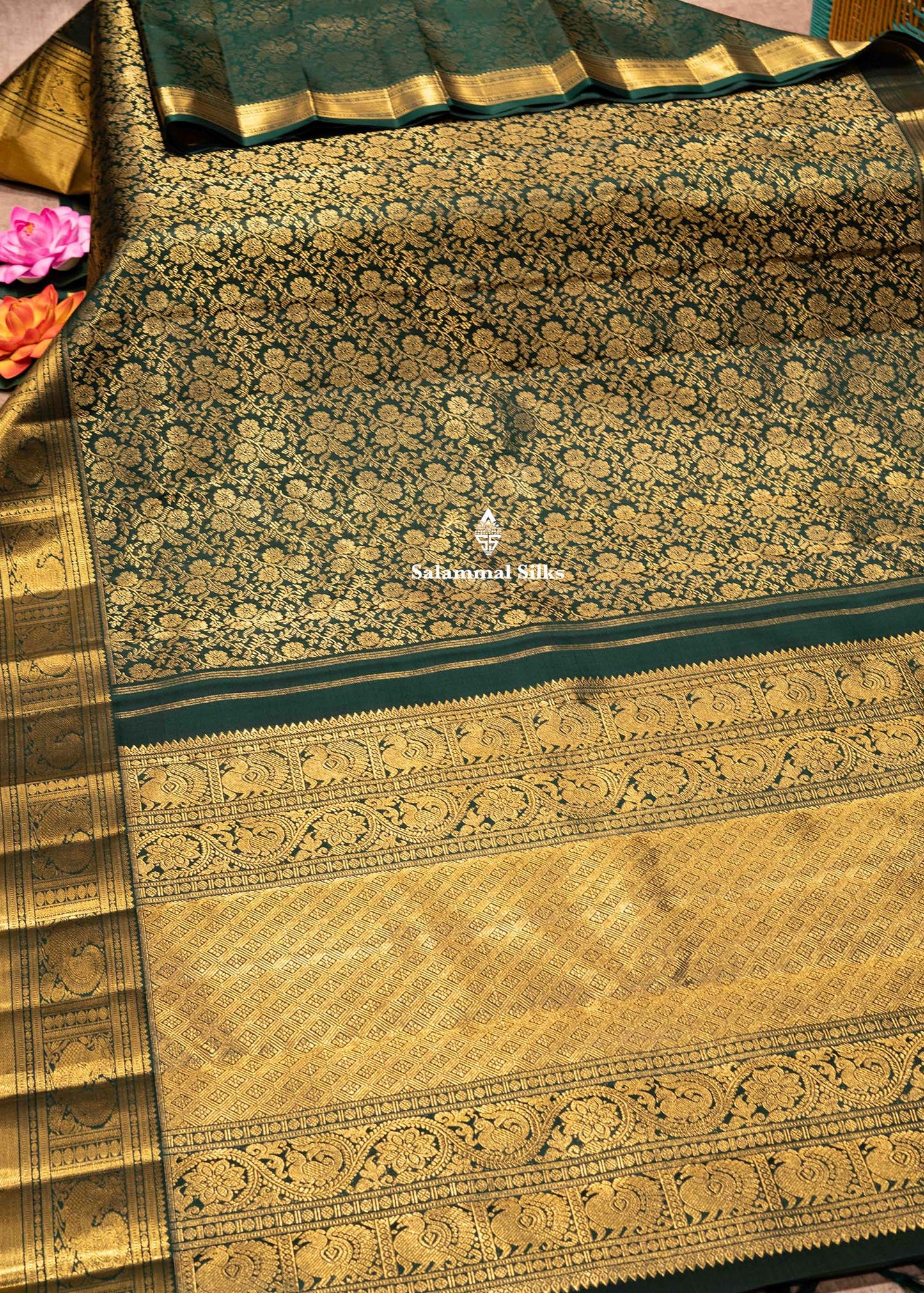 Bottle Green Colour Kanjivaram 2G Zari Pure Silk Saree With Traditional Border