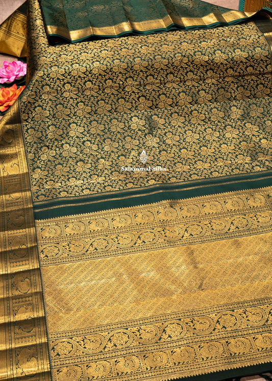 Bottle Green Colour Kanjivaram 2G Zari Pure Silk Saree With Traditional Border