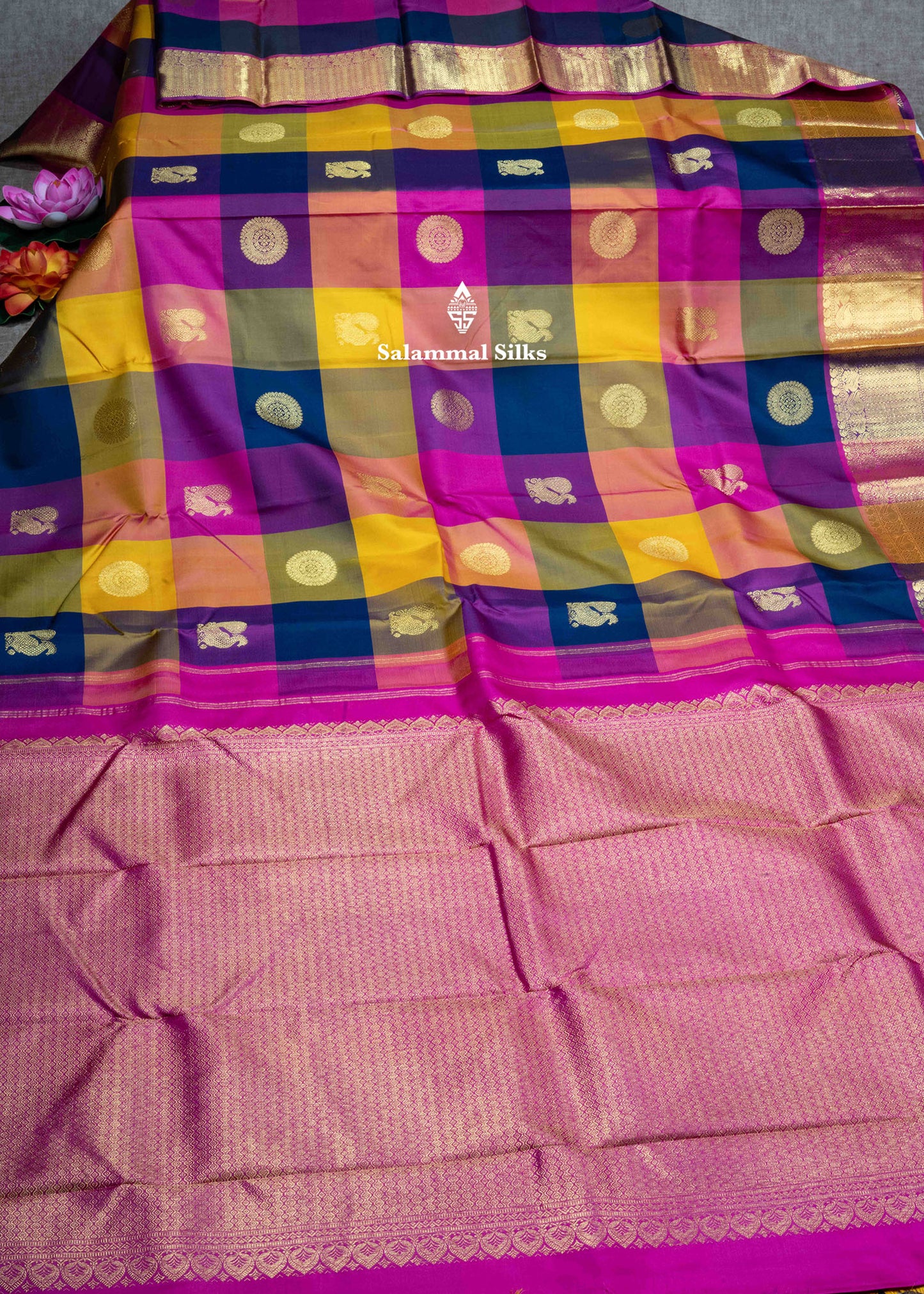 Kanjivaram Paalum Pazham Checks Pure Silk Saree With Gold Zari Border