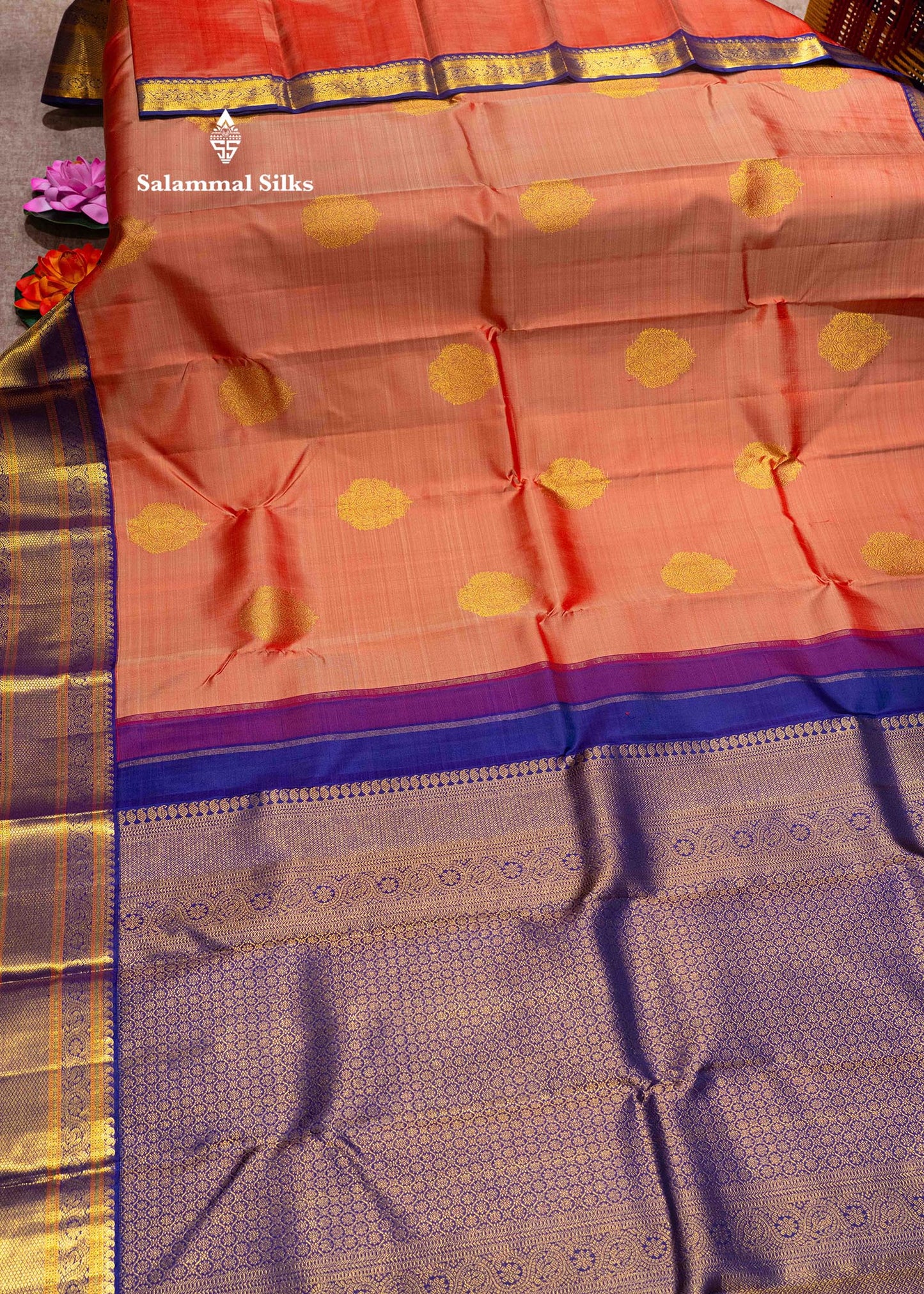 Korvai Dual tone peach body Pure Kanjivaram Silk Saree With violet Border