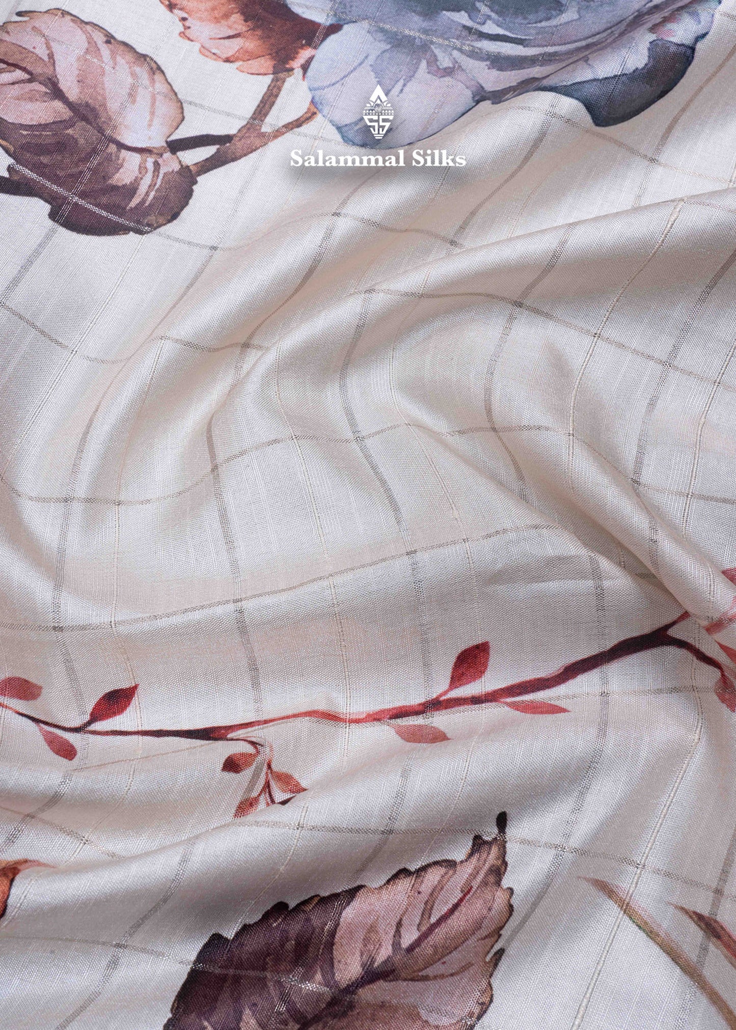 Cream Colour Semi Tussar Saree With Floral Prints & Zari Checks