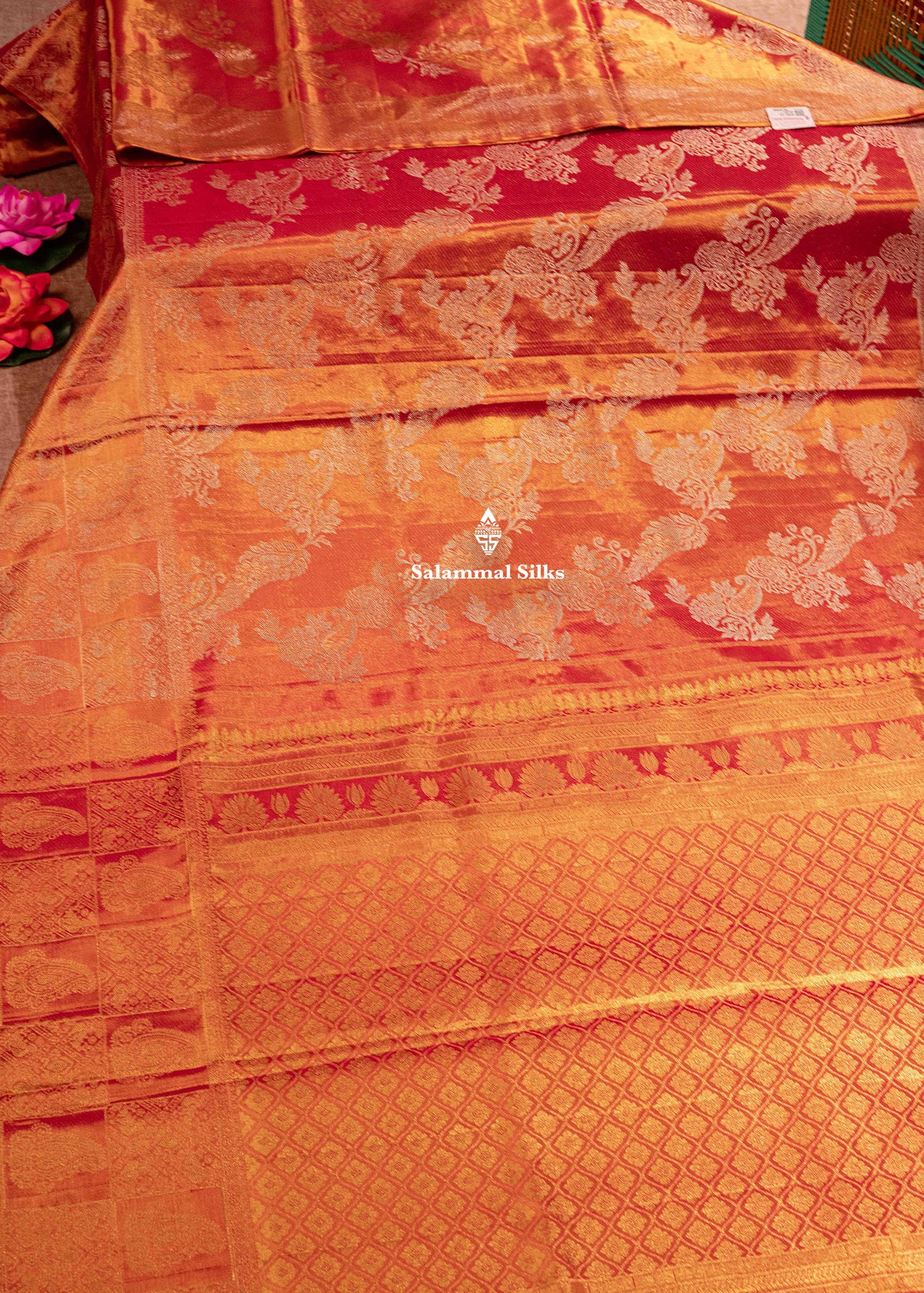 Orange Colour Kanjivaram Pure Tissue Silk Saree with Traditional Border
