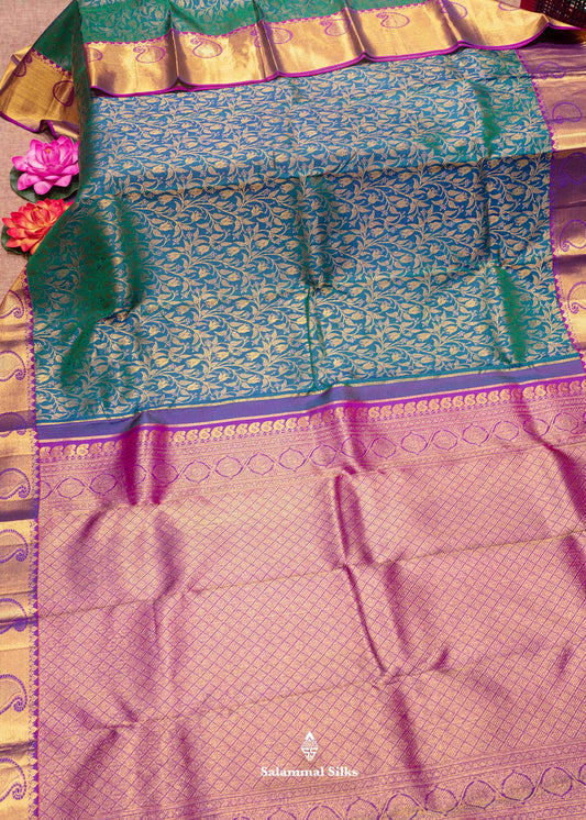 Peacock Green Colour Kanjivaram Pure Silk Saree with Violet Gold Zari Border