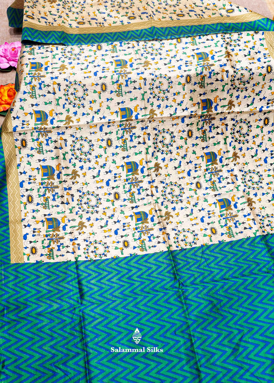 Cream Sandal Colour Semi Dola Saree With Green Blouse