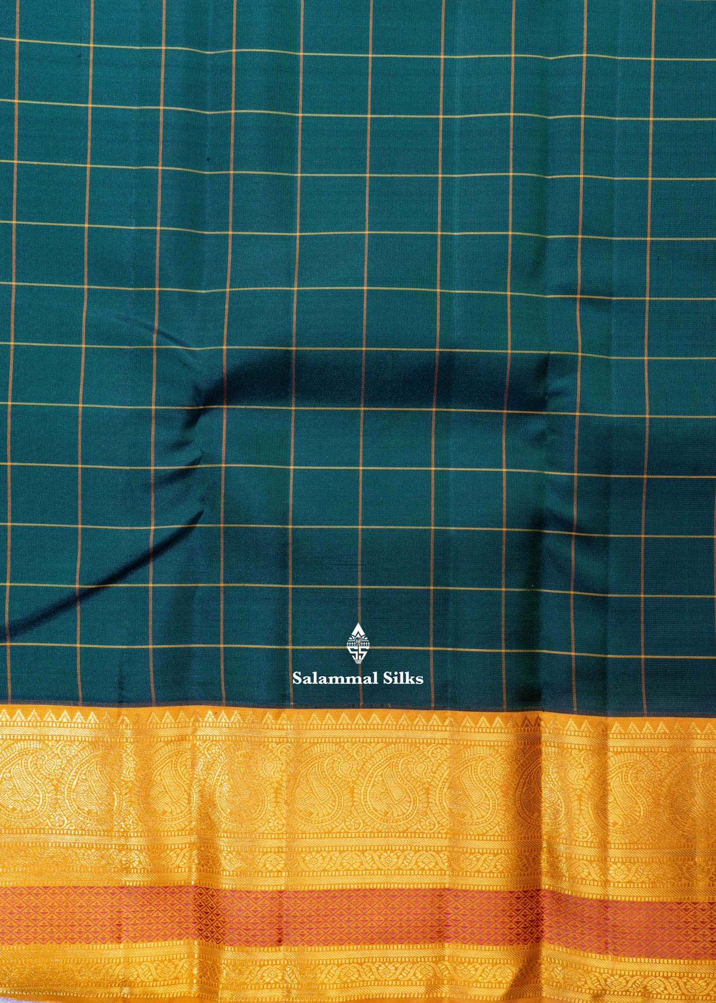 Kanjivaram Bottle Green Checks Pure Silk Saree With Mustard Yellow Border