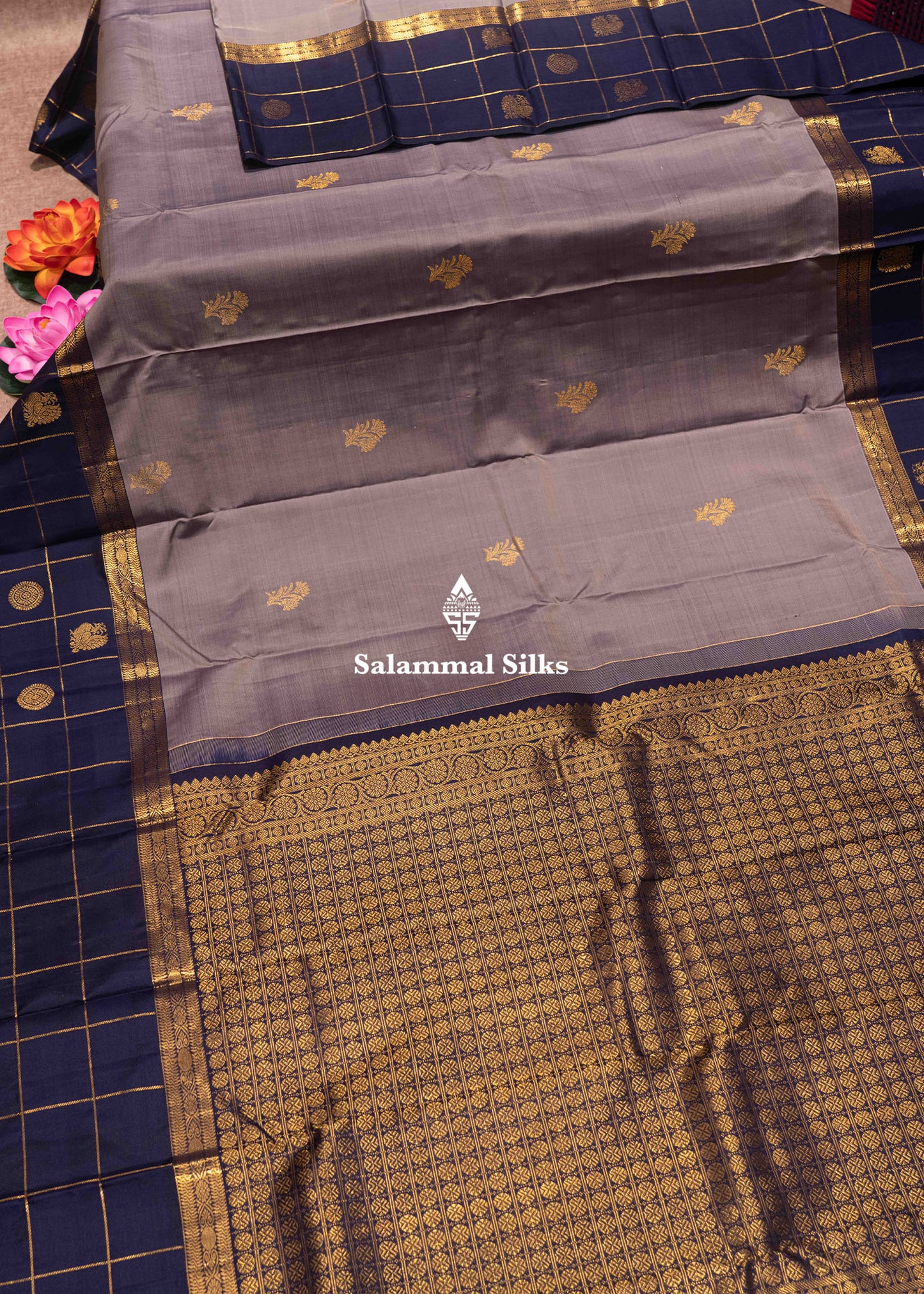 Grey Colour Kanjivaram Pure Silk Saree With Navy Blue Traditional Checks Border