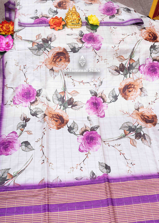 Cream Colour Semi Tussar Saree With Floral Prints & Zari Checks