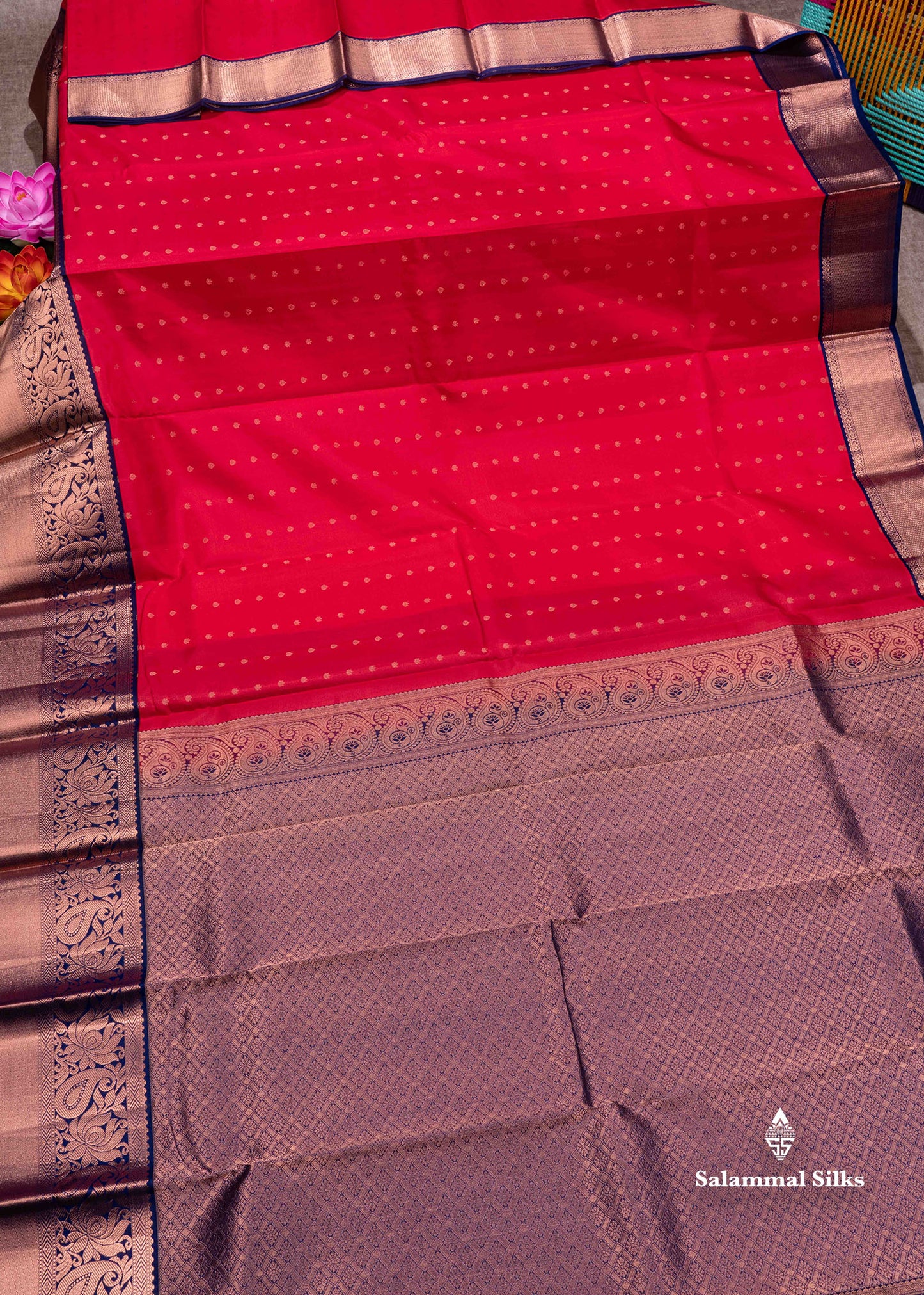 Kanjivaram Pink Colour Pure Silk Saree With Copper Zari Long Size Border