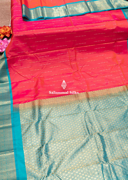 Pinkish Orange Colour Pure Kanjivaram Silk Saree With Sapphire Green Border