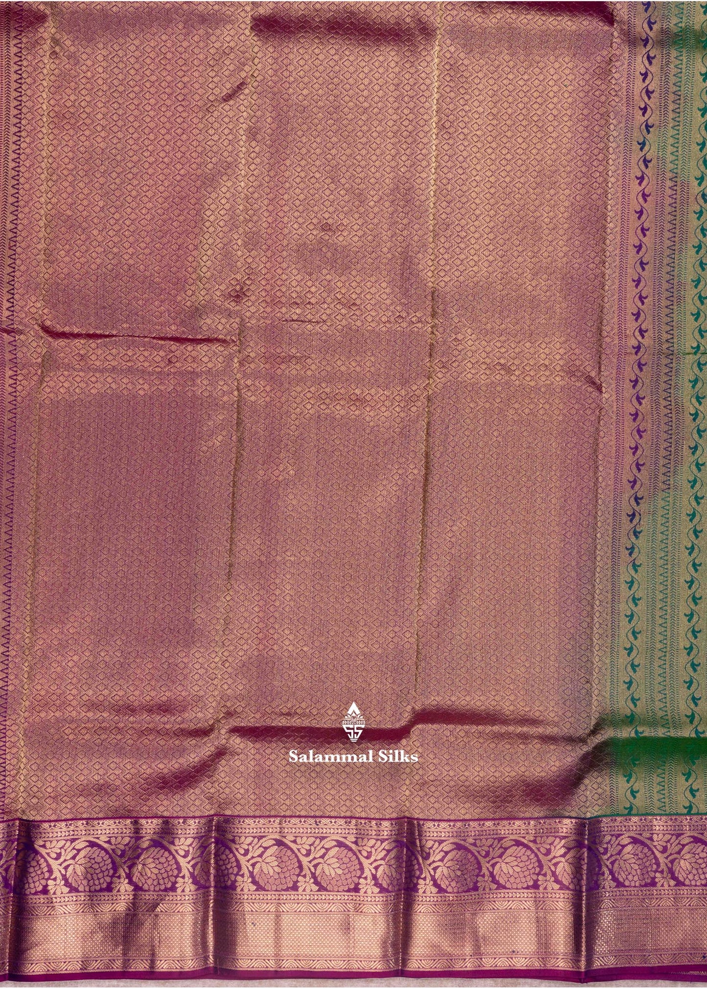Kanjivaram Peacock Green Pure Silk Saree With Violet Colour Blouse