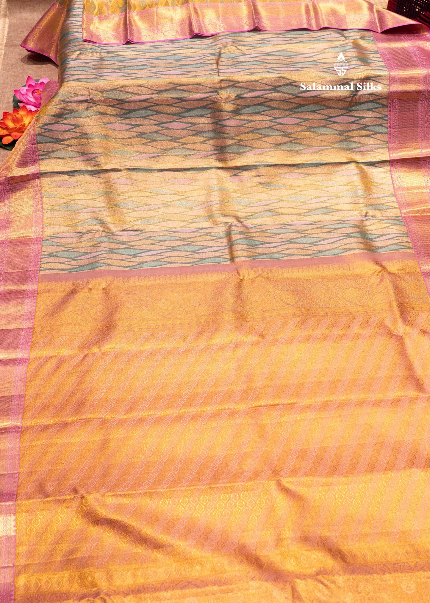 Multicolor Kanjivaram Pure Tissue Silk Saree with Baby Pink Border