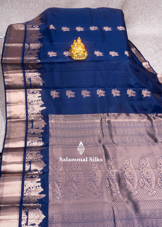 Navy Blue Pure Kanjivaram Silk Saree Pallakku and Fancy Border and with Blouse