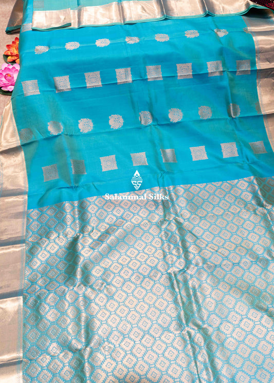 Light Peacock Blue Colour Pure Kanjivaram Silk Saree With Gold Zari Border