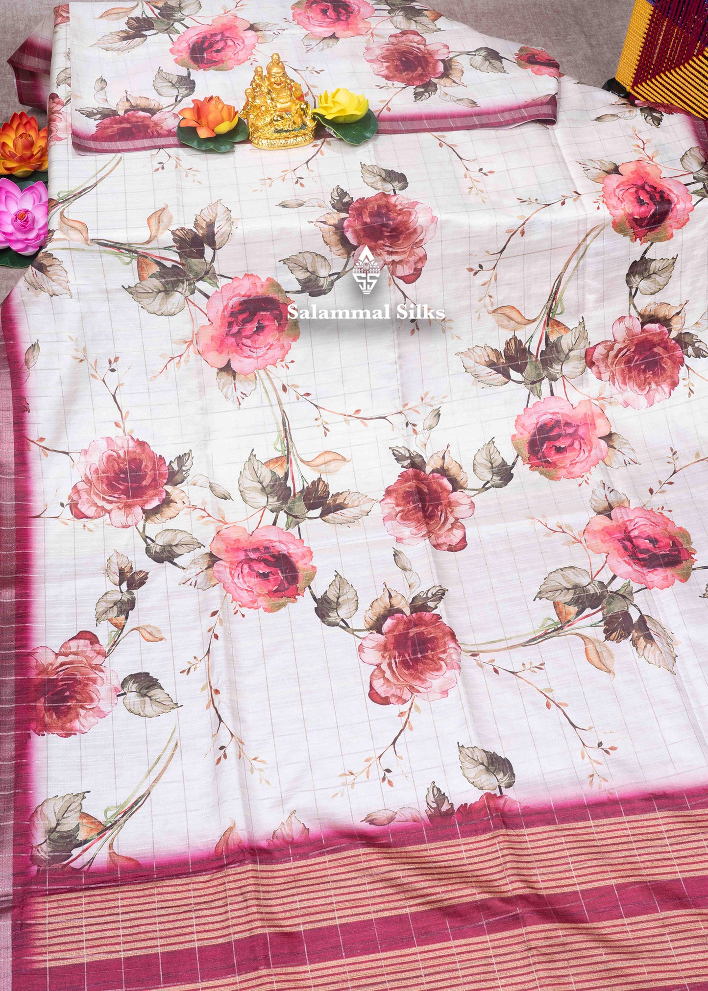 Cream Colour Semi Tussar Saree With Floral Prints & Zari Checks
