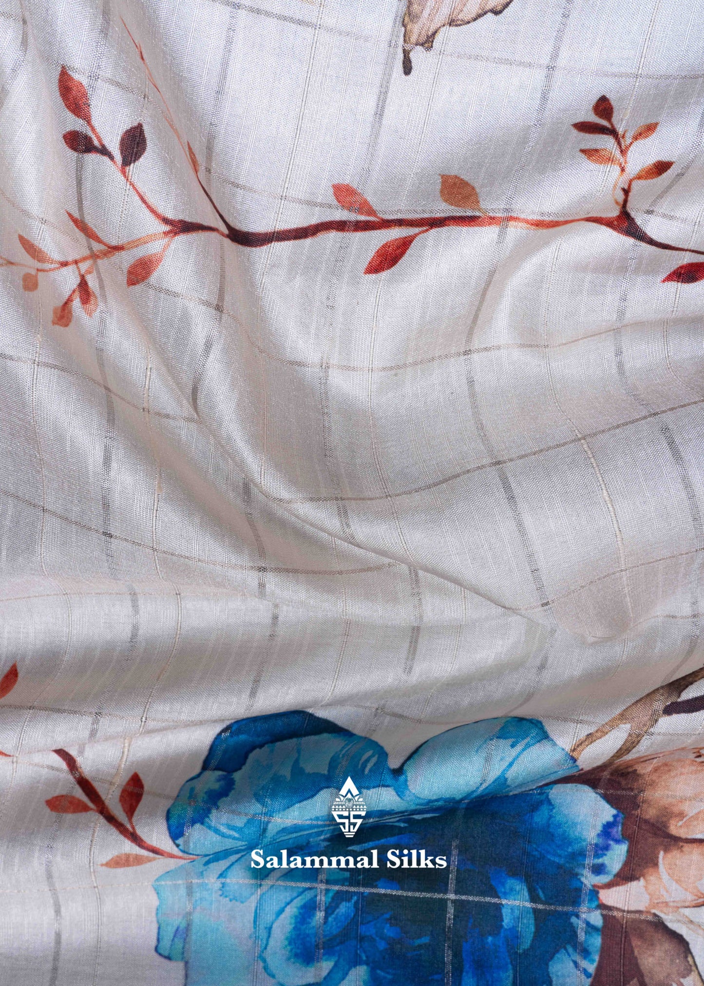 Cream Colour Semi Tussar Saree With Floral Prints & Zari Checks
