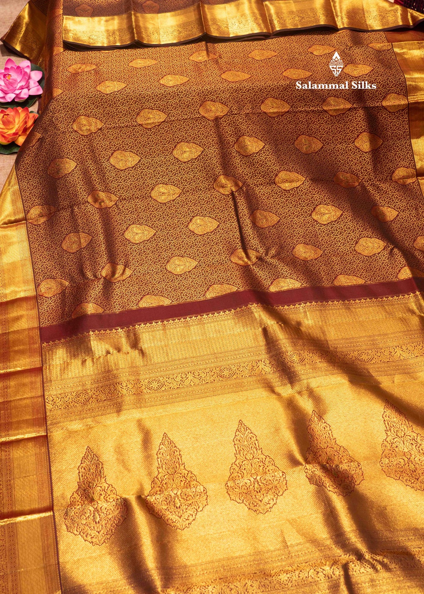Dark Brown Colour Kanjivaram Pure Silk Saree with Gold Zari Border