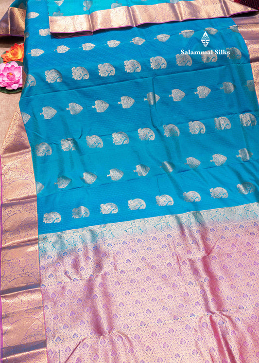 Peacock Blue Pure Kanjivaram Silk Saree With Violet Border