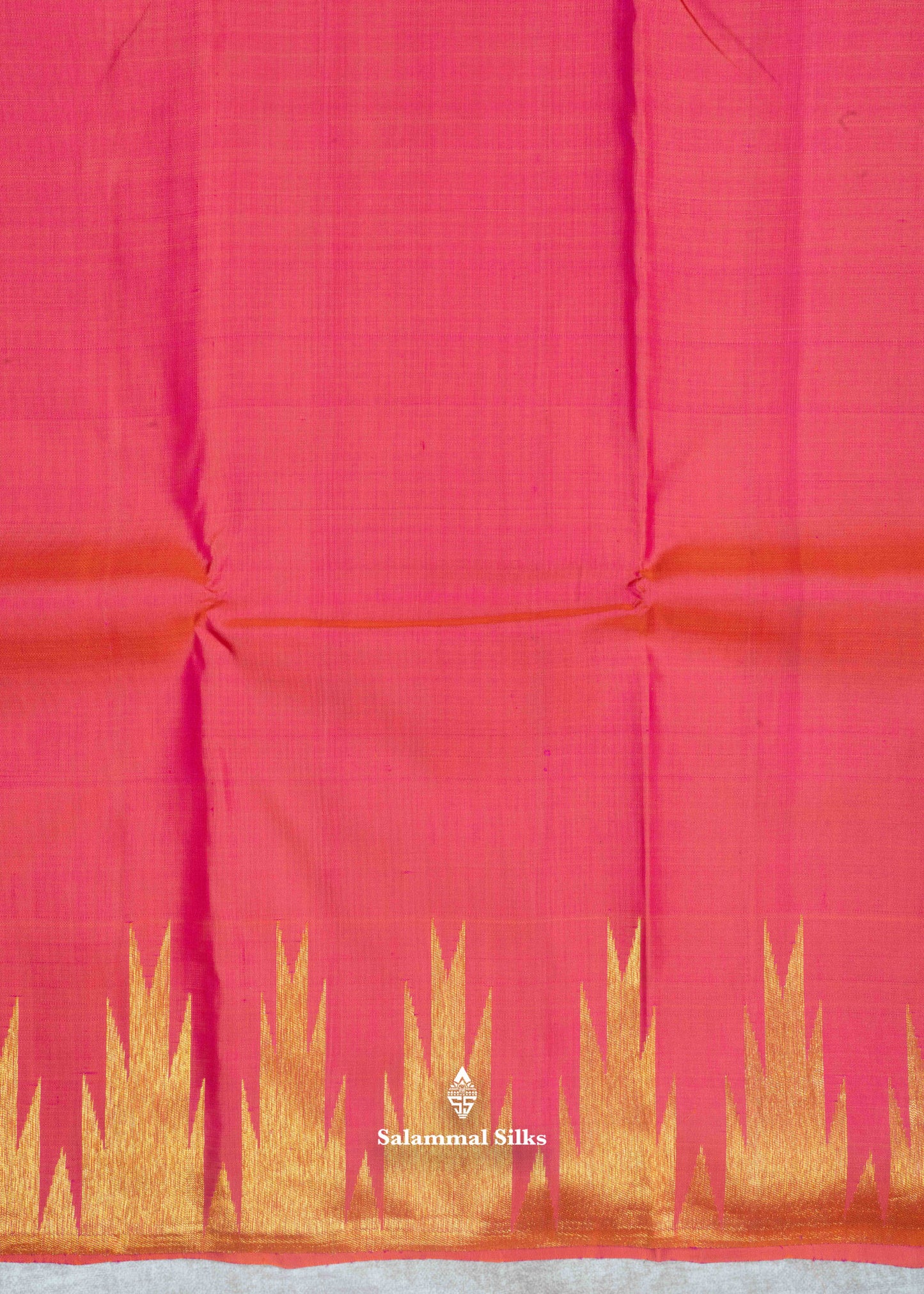Kanjivaram Pinkish Orange Pure Silk Saree With Gold Zari Temple Border