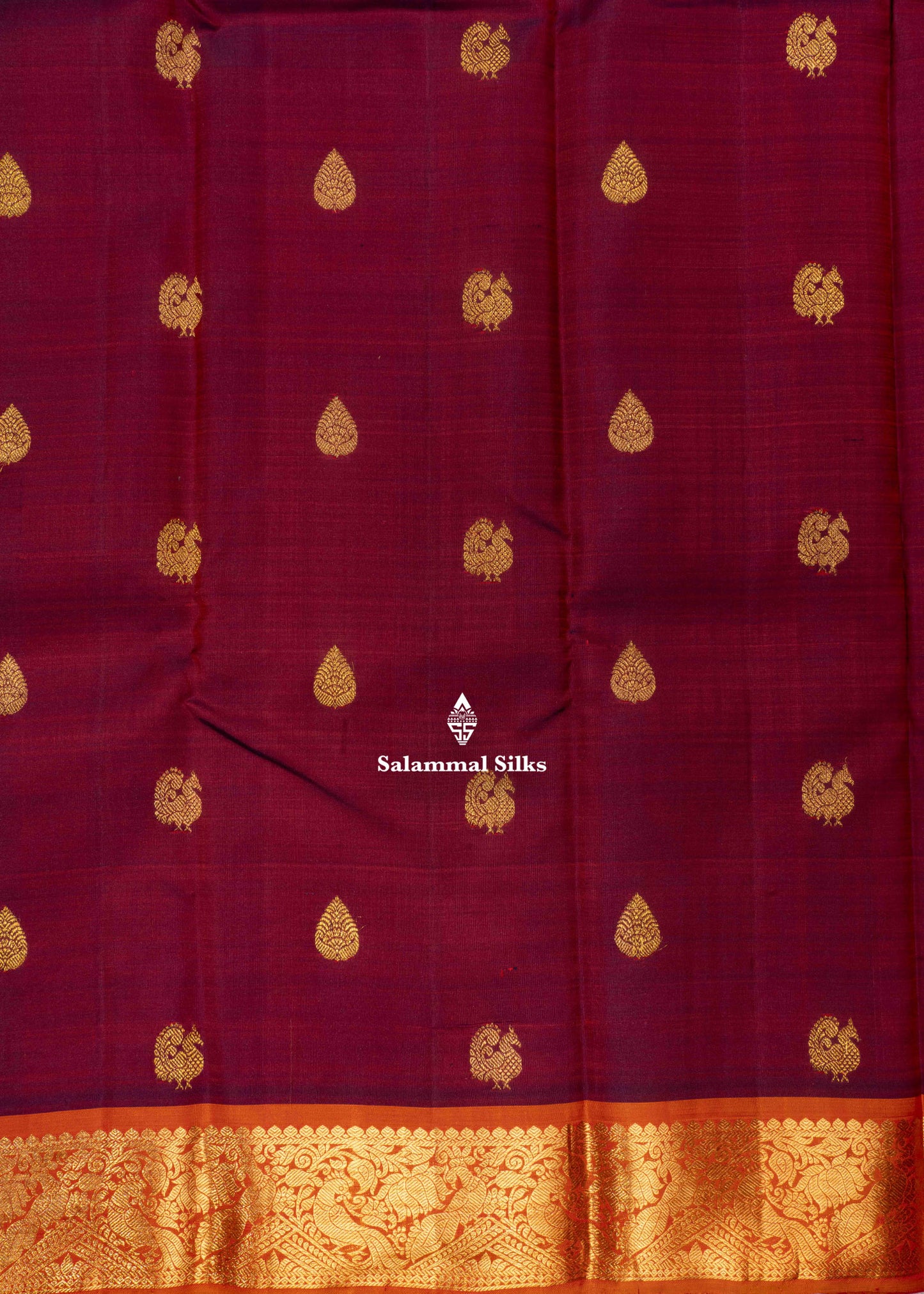 Kanjivaram Dark Maroon Pure Silk Saree With Orange Shade Blouse