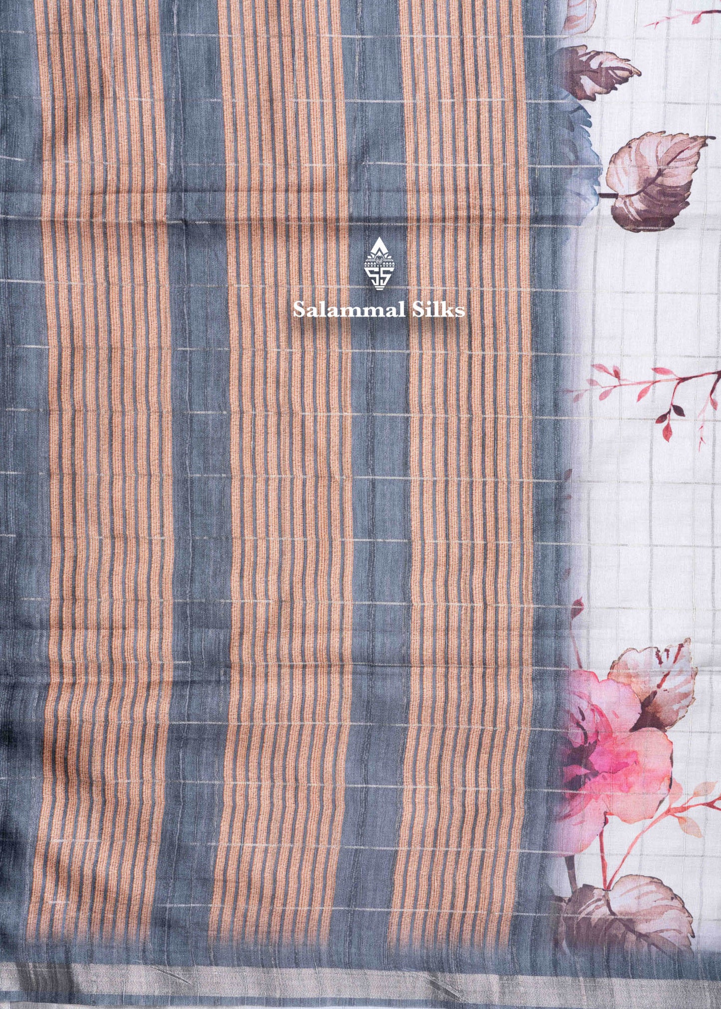 Cream Colour Semi Tussar Saree With Floral Prints & Zari Checks