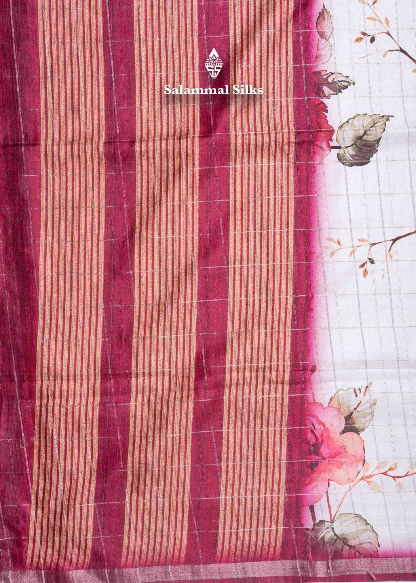 Cream Colour Semi Tussar Saree With Floral Prints & Zari Checks