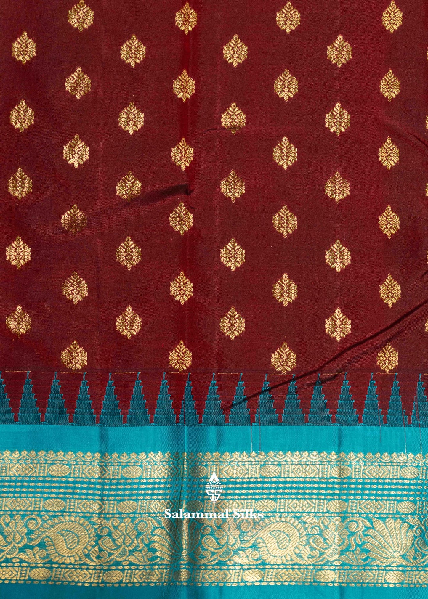 Dark Maroon Colour Kanjivaram Pure Silk Saree With Sapphire Green Border