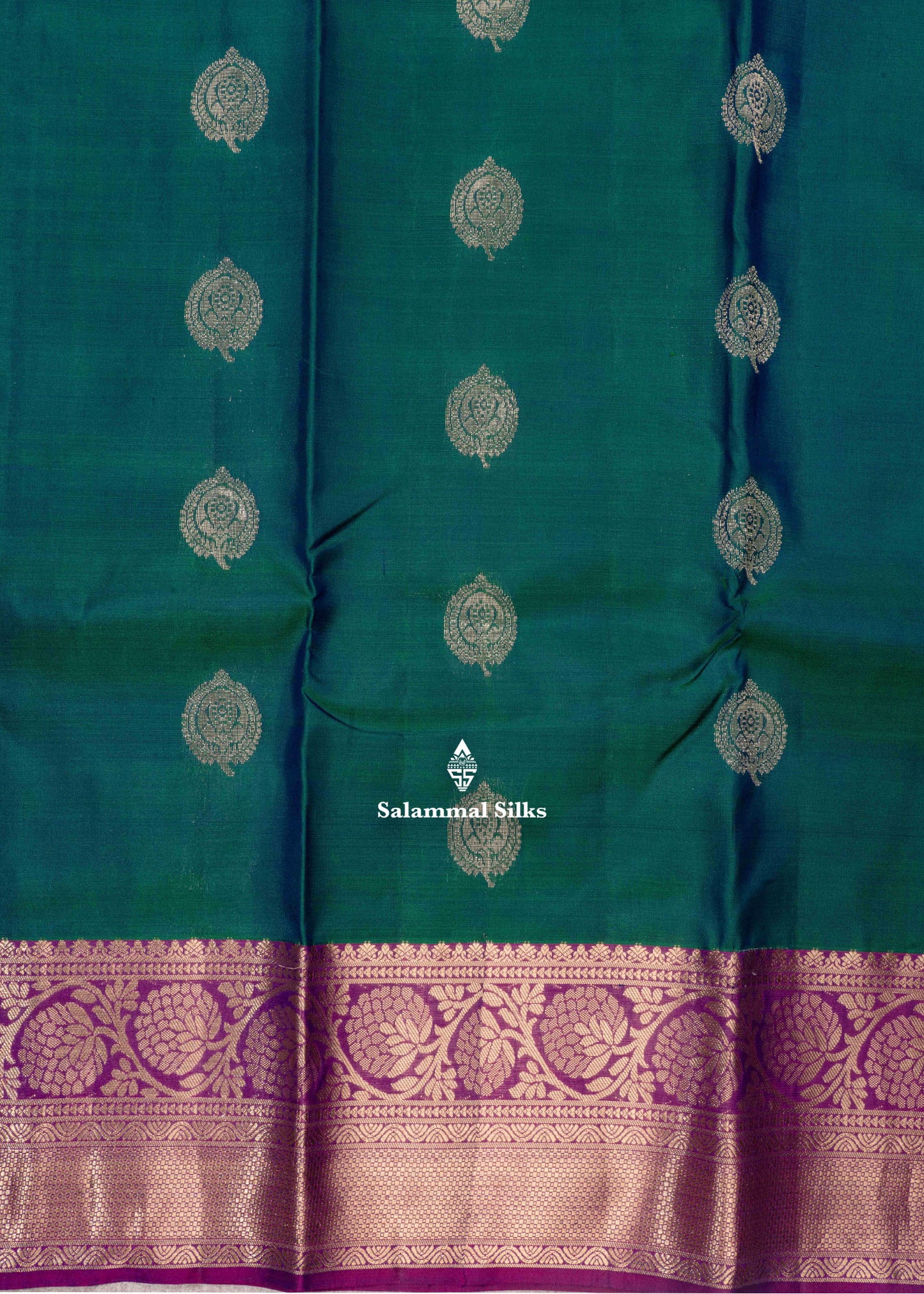 Kanjivaram Peacock Green Pure Silk Saree With Violet Colour Blouse