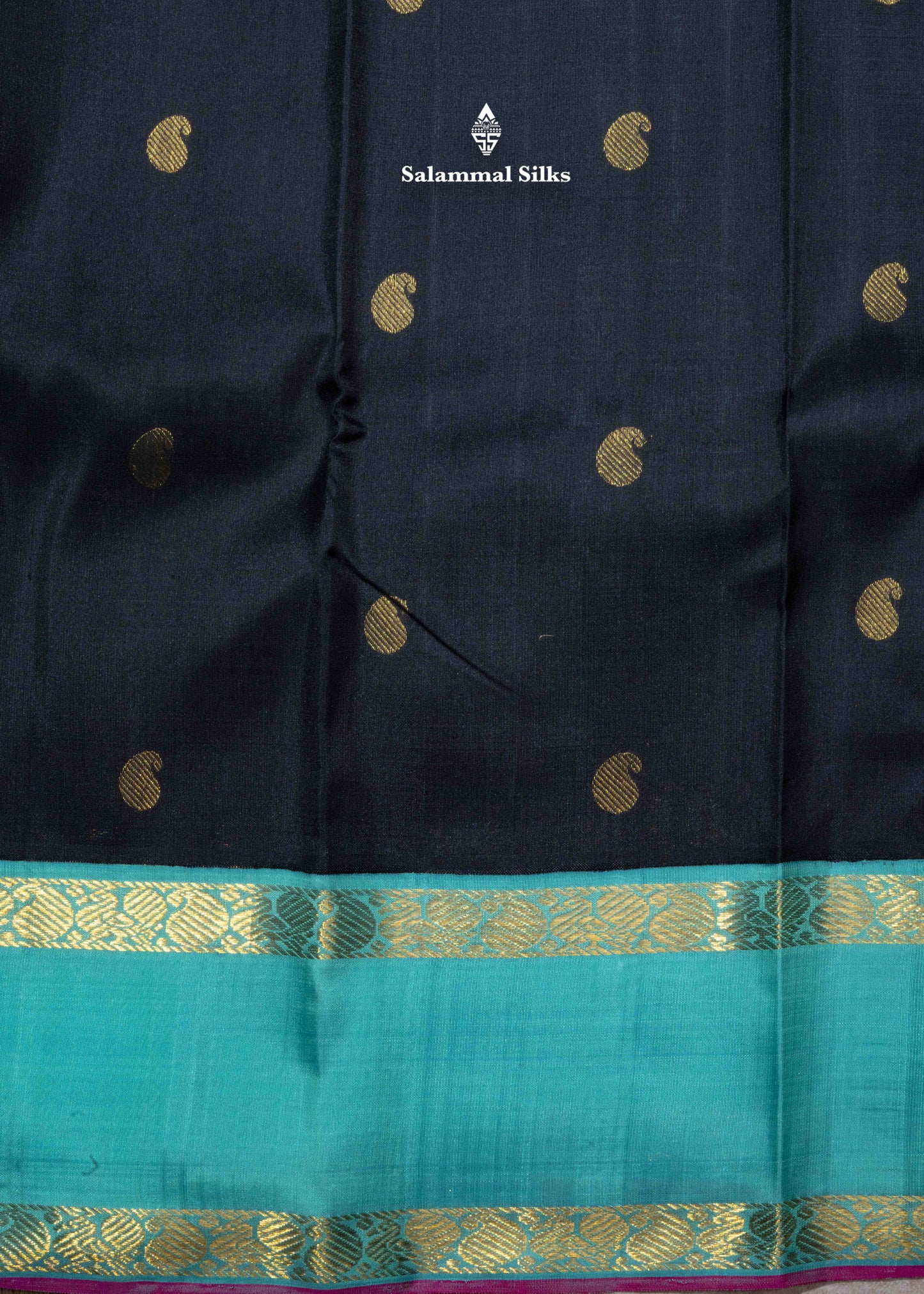 Kanjivaram Black Pure Silk Saree With Sapphire Green Double Border