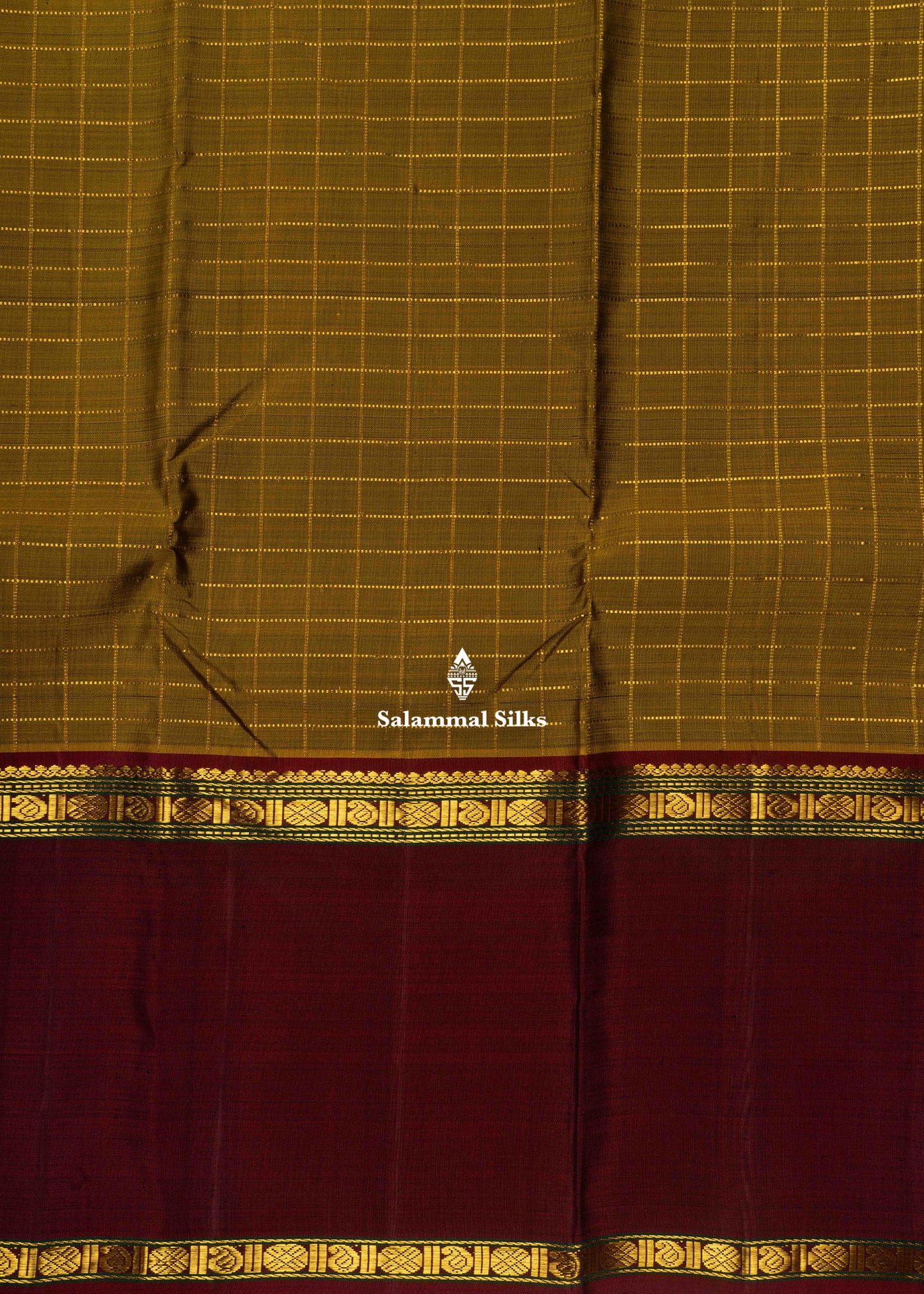 Kanjivaram Olive Mustard Yellow Pure Silk Saree With Traditional Ganga Jamuna Border