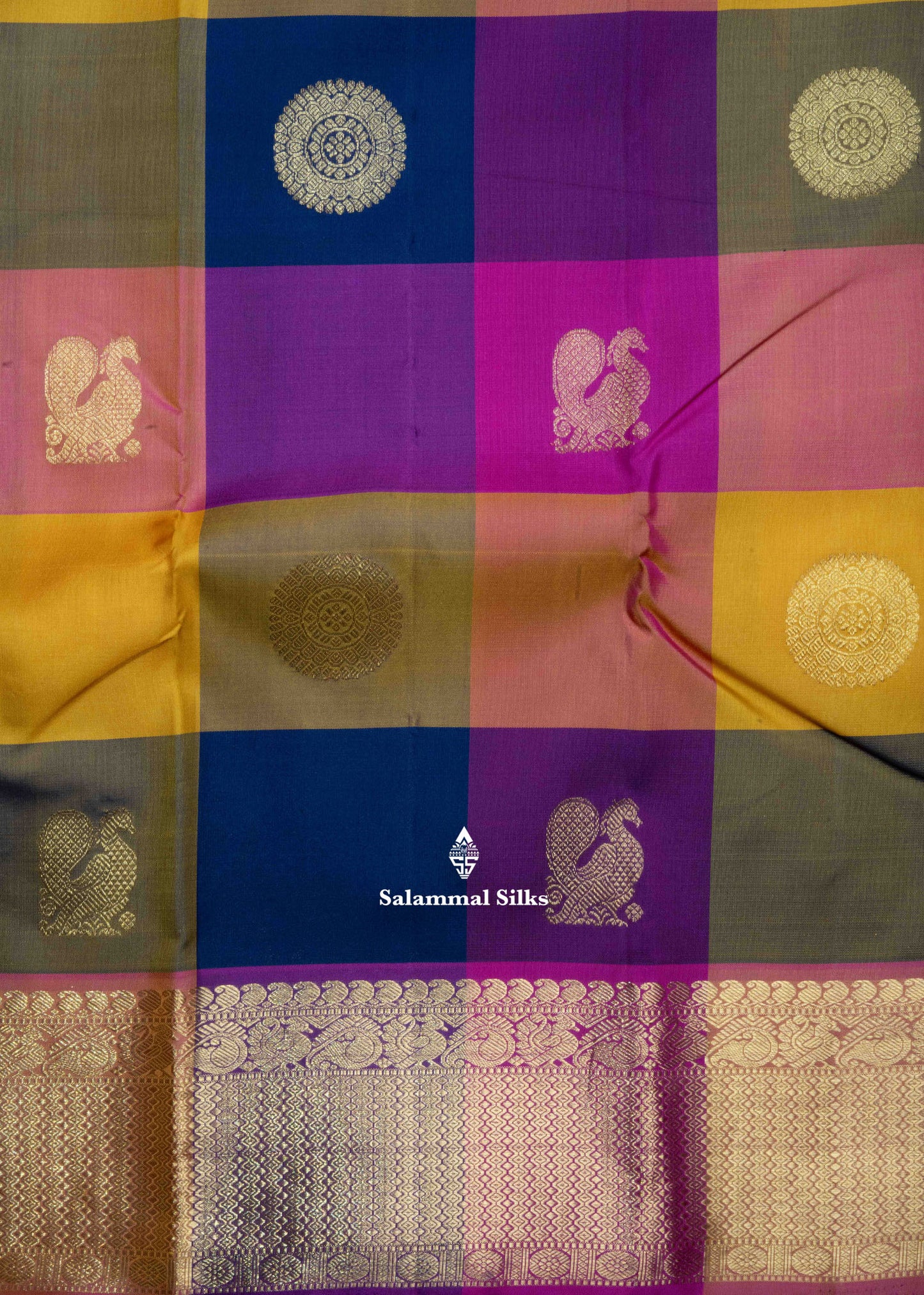 Kanjivaram Paalum Pazham Checks Pure Silk Saree With Gold Zari Border